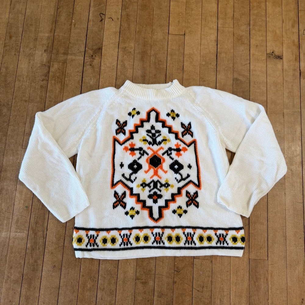 Vtg 70s Miss Holly Sweater Graphic Southwestern Boho White Orange Zip Neck Sz L
